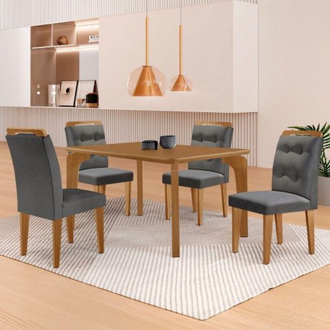 Mesa Liz 120 MDF com 4 Cadeiras Carol Linho Grafite/Naturalle/Naturalle