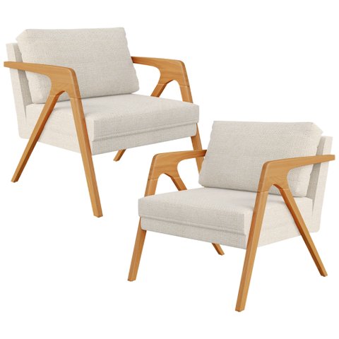 Kit 2 Poltronas Decorativas Sala Estar Pietra Estrutura de Madeira L02 Linho Champanhe - Lyam