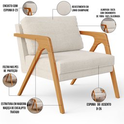 Kit 2 Poltronas Decorativas Sala Estar Pietra Estrutura de Madeira L02 Linho Champanhe - Lyam - 4
