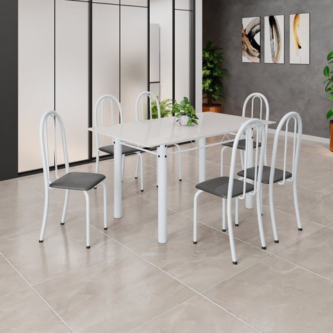 Conjunto de Mesa Tubular 140cm x 75cm Tampo em Vidro com 6 Cadeiras Iris B Branco/Preto Liso
