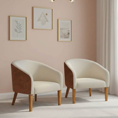 Poltrona Sala Decorativa Kit 2 Stella Pé Madeira Trapézio Castanho Sintético Pu Nozes/bouclê Bege D0