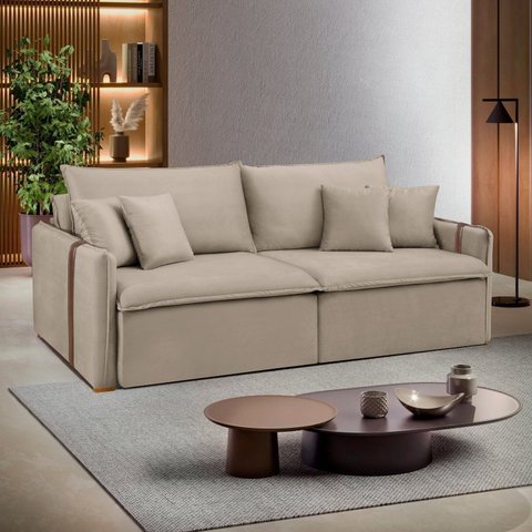 Sofá Cama Retrátil e Reclinável 3 Lugares Bouclé Bege Windson 200cm Yescasa