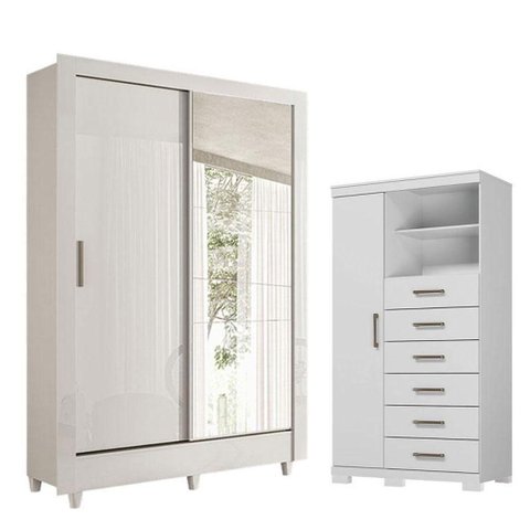Guarda Roupa com Cômoda Solteiro e Closet Bélgica-Marabá 2 Portas de Correr 2 Gavetas MDP Branco