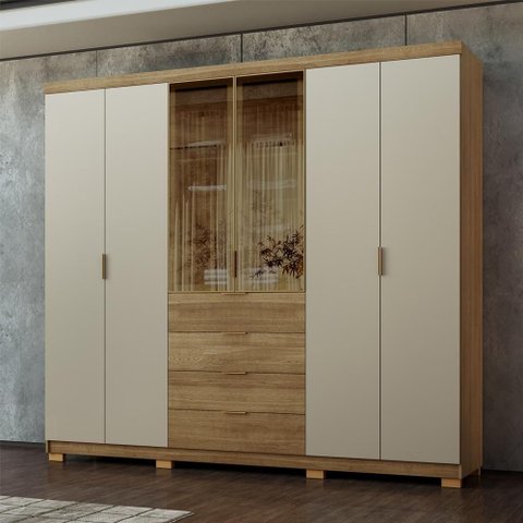 Guarda Roupa Casal MDF Vidro Reflecta 6 Portas 4 Gavetas Dubai Ouro - Nature/Fendi