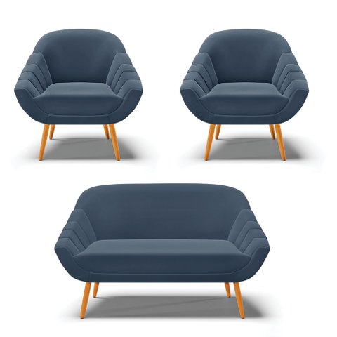 Kit 01 Namoradeira 02 Lugares e 02 Poltronas Giovana Suede Azul Marinho Pés Palito Castanho - D'