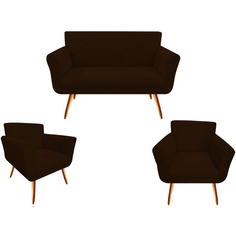 Kit Namoradeira + 2 Poltronas Decorativa Sabrina Couro Marrom Pés Madeira Ms Decor