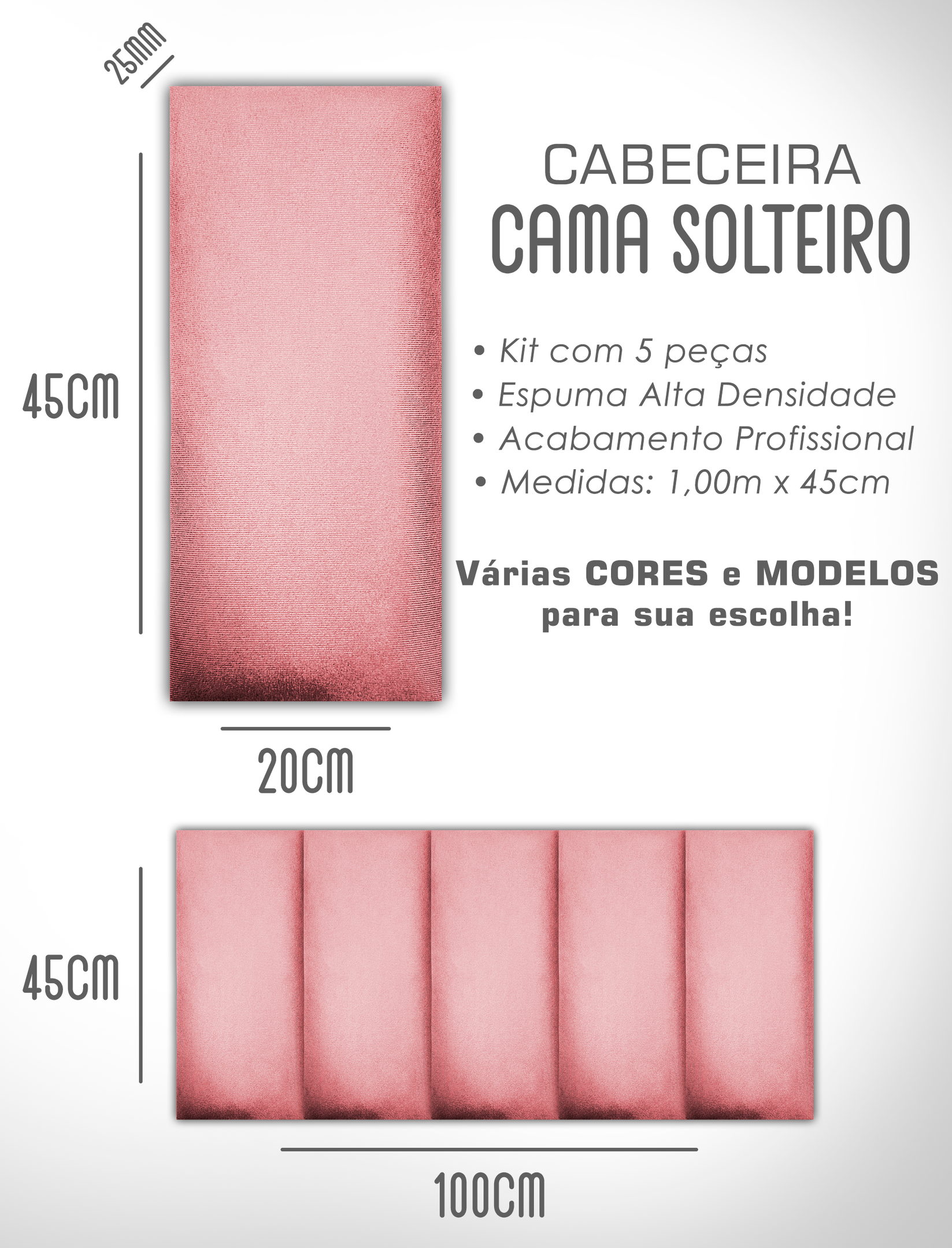 Cabeceira de Cama Box Solteiro Casal Queen King Estofada Modular 45x20cm - 4