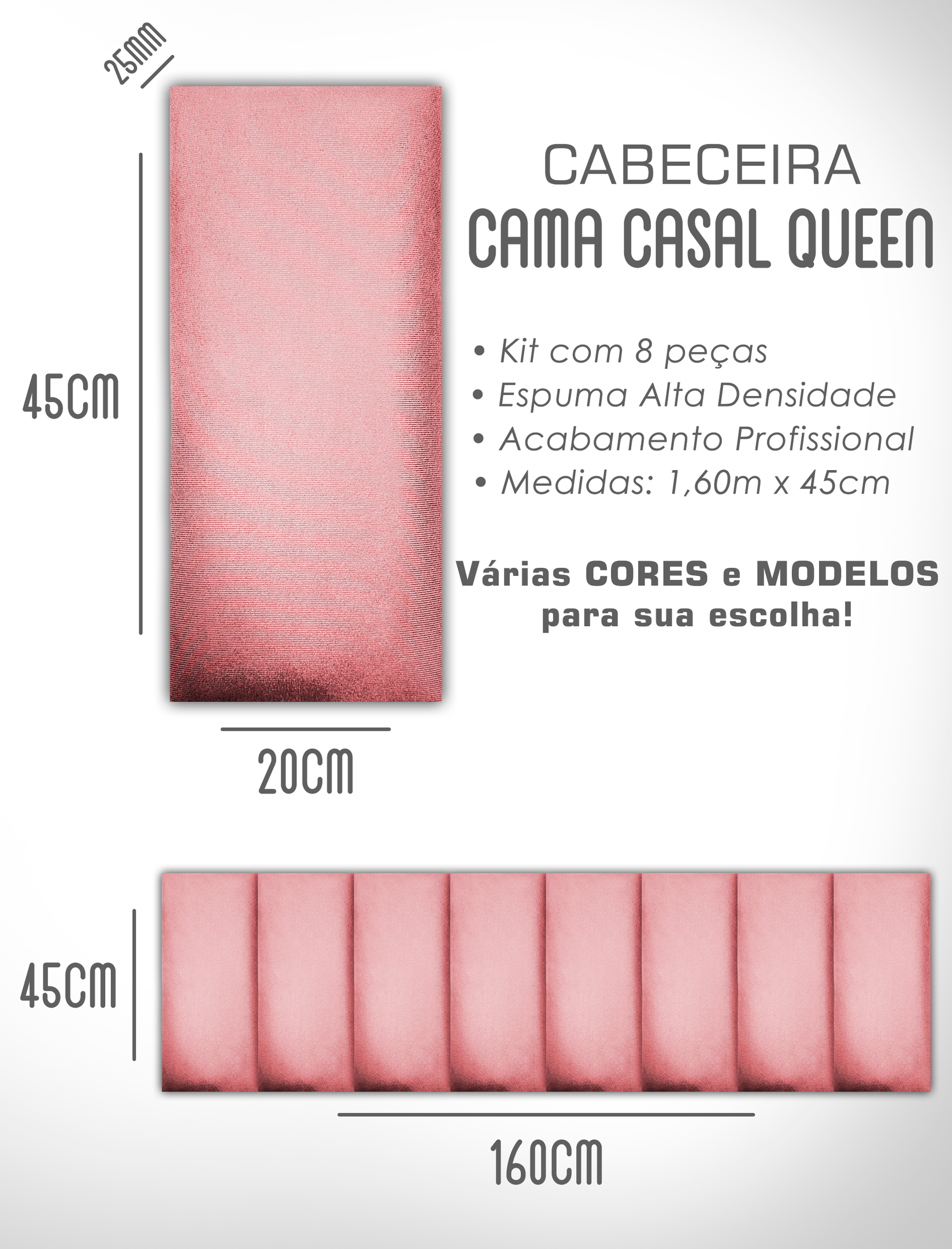 Cabeceira de Cama Box Solteiro Casal Queen King Estofada Modular 45x20cm - 6