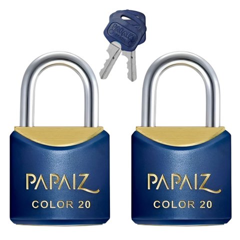 Cadeado Pequeno 20mm Haste Curta Latão Maciço Azul com Chave | Papaiz | Kit 02 Un