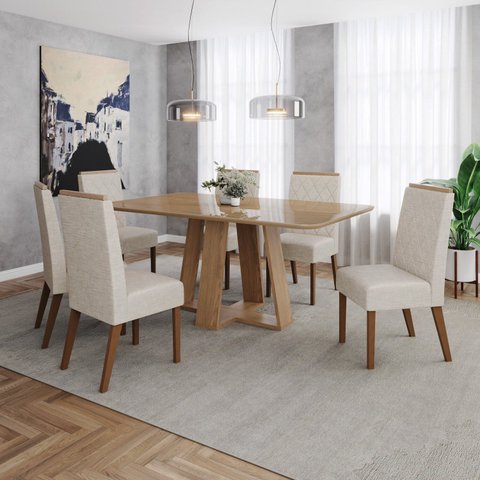 Conjunto Mesa Lins 160cm com Vidro 6 Cadeiras Nina Marrom/Nature/Bege