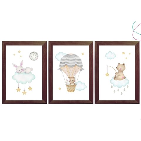3 Quadros Decorativos Infantil Ursinho Coelhinho Balão Nuvem:tabaco