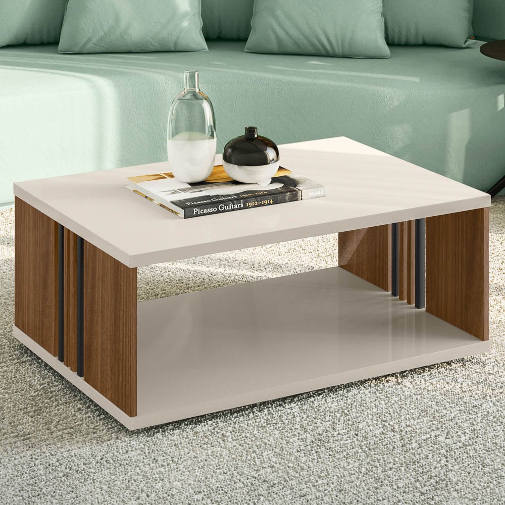 Mesa de Centro Retangular para Sala de Estar 90cm Luxe L06 Nogueira/Off White - Mpozenato - 2