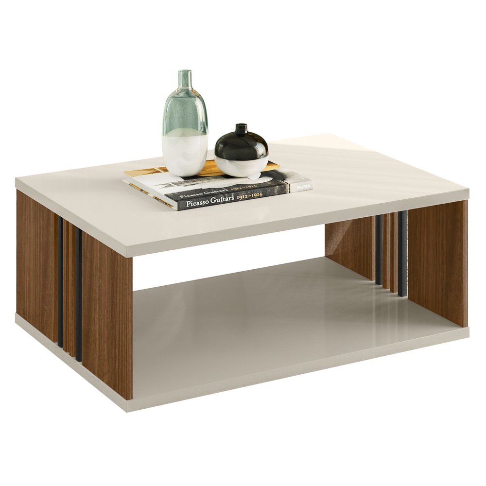 Mesa de Centro Retangular para Sala de Estar 90cm Luxe L06 Nogueira/Off White - Mpozenato - 1