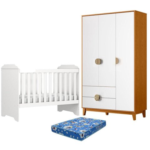 Berço Americano Mini Cama Mel com Colchão Ortobom com Guarda Roupa Ipê 3 Portas Branco Cinamomo -Móv