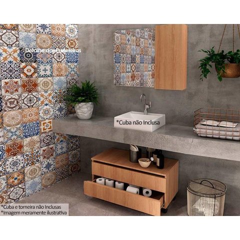 Conjunto de Banheiro Balcão C- Rodizios Bn3603 S- Cuba 80cm e Armário C- Espelho Bn3602 Amêndoa