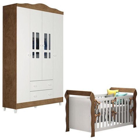 Berço Americano Lara e Guarda Roupa Ariel 4 Portas Branco Acetinado Amadeirado – Carolina