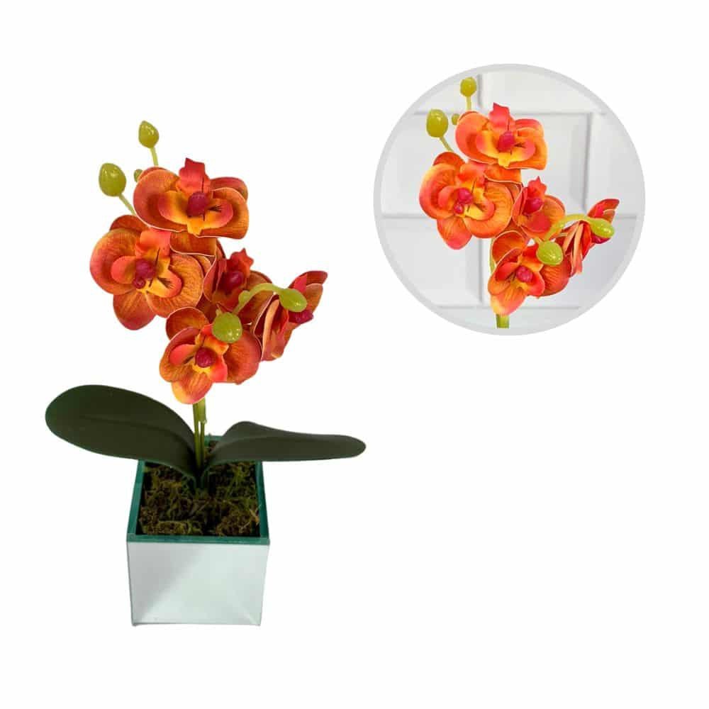 Arranjo de Orquídea Artificial Com Vaso de Vidro Espelhado:Alaranjado - 1