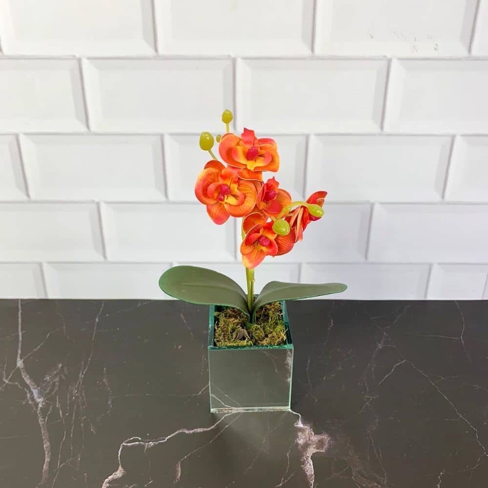 Arranjo de Orquídea Artificial Com Vaso de Vidro Espelhado:Alaranjado - 2