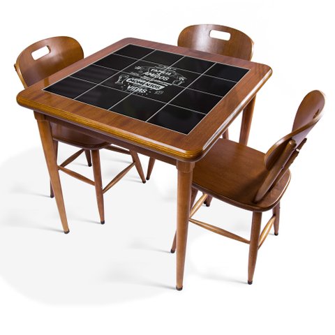 Cj Mesa Madeira Azulejo 80x80cm - Base 4pé 78cm + 3 Cadeiras 43 - Natural - Família e Amigos