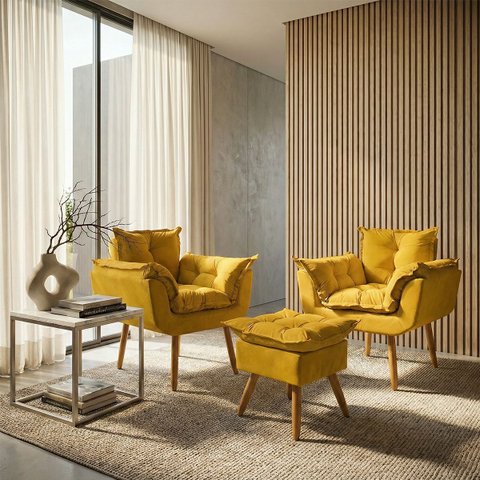 Kit 2 Poltronas Decorativa e Puff para Sala Recepção Manicure Consultório Quarto Alice Tecido Suede