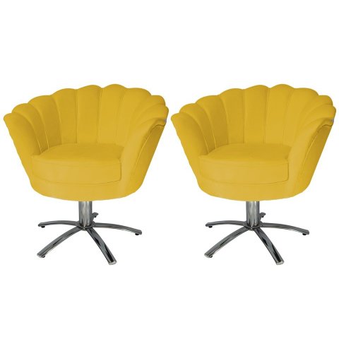 Kit 2 Poltronas Decorativa Pétala Base Giratória Metal Couro Amarelo Ms Decor
