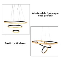 Lustre Pendente Luminaria 3 Aneis Arcos Perfil Luxo Infinito 48W Regulavel Decoraçao Sala Jantar Qua - 3