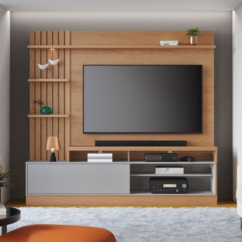 Estante Painel para TV 65 pol com LED Aracati C04 Freijó Cinza Fosco - Lyam Decor