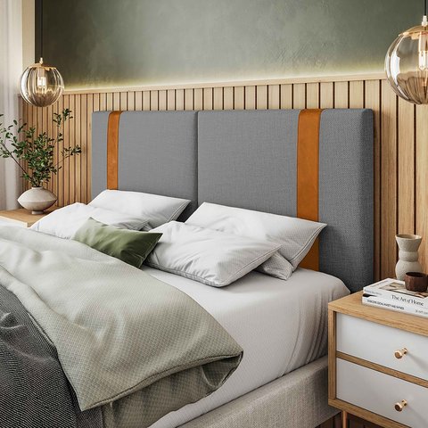 Cabeceira de Cama Queen 160 Cm Estodada Linho Cinza e Couro Sintético Caramelo