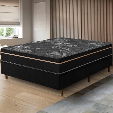 Cama Box Preta + Colchão Casal Bariloche Preto Molas Ensacadas One Face 138x188x63cm