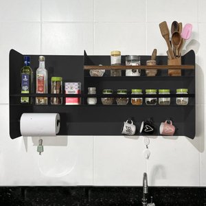 Porta Temperos em Aço Carbono Preto e Madeira C/ Porta Papel - 100cm Linha Home