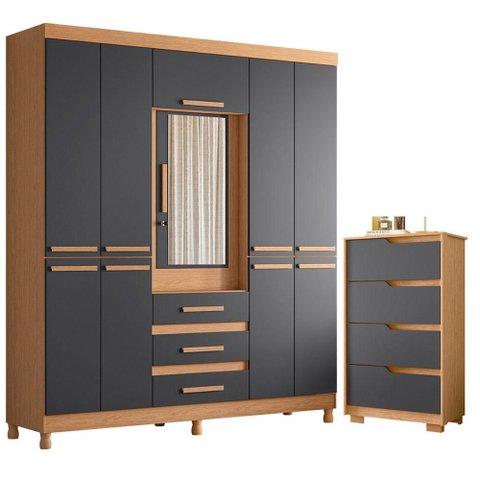 Guarda Roupa Casal New Fusion 10 Portas e Cômoda Sole Flex Freijo Titanium - Móveis Albatroz