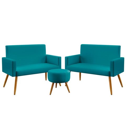 Kit 2 Poltronas Namoradeira Vega e Puff Solar Suede Azul Turquesa Aradecor