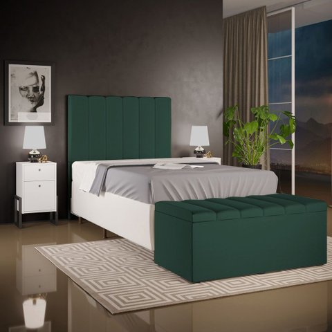 Kit Cabeceira Cama Box Solteiro 100cm com Calçadeira Baú Dália W01 Linho Verde Musgo - Lyam