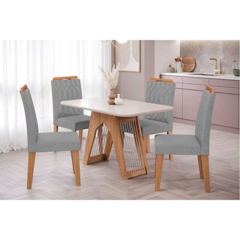 Conjunto: Mesa de Cozinha Carol Tampo Madeirado C/ Vidro 130x80cm e 4 Cadeiras Paola Nature-