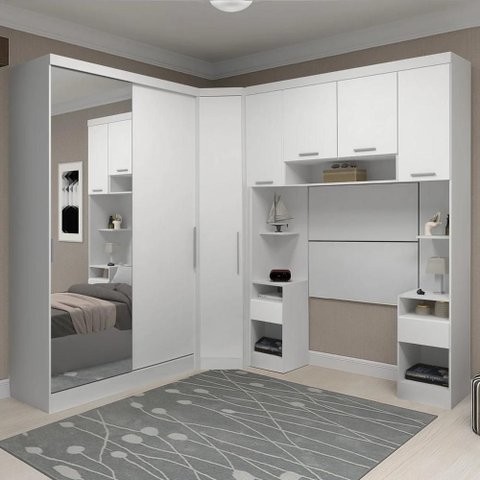 Guarda Roupa Solteiro Modulado Espelho Cp06 Taiga Branco L01 - Mpozenato