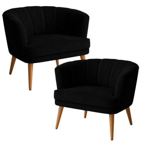 2 Poltronas Italia Decorativas Tecido Veludo Assento Macio Preto Pés Palito Madeira 120kg