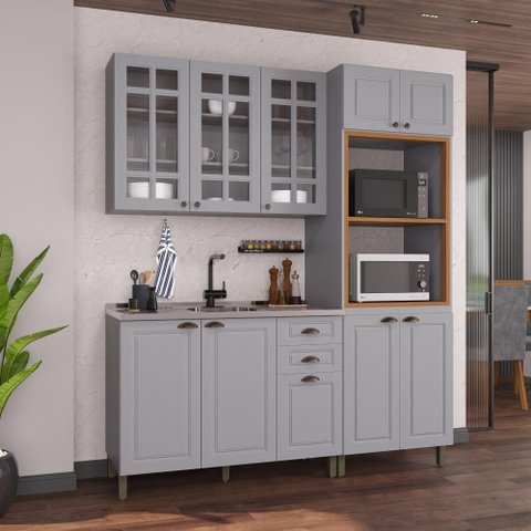 Armário de Cozinha Modulada Compacta Fidelitá Nara 100% MDF 3 Peças 190cm 10 Portas 2 Gavetas sem