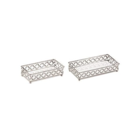 Kit 02 Bandejas Decorativas Metal Prata com Espelho 12024 Mart