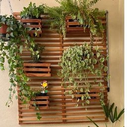 Jardim Vertical Madeira 60x40 com 3 Cachepots 18x20 Treliça - 2