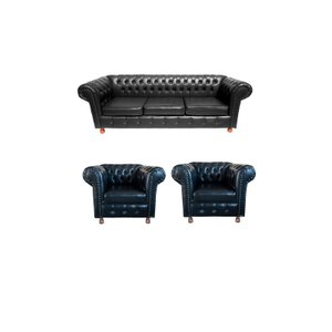 1 Sofá 1.80 + 2 Poltronas Chesterfield Luiz Xv Corano Preto / Barbearia, Sala, Salão de Beleza, Escr