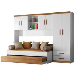 Dormitório Ônix Guarda Roupa, Aéreo 4 Portas e Bicama Flex Nature/branco com Colchões Supreme - 1