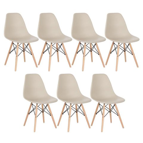 Kit 7 Cadeiras Charles Eames Eiffel Dsw - Base de Madeira Clara - Nude Multicolorido