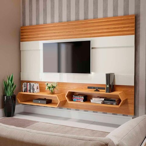 Painel Home Theater 220cm X 150cm 75 Polegadas 100% Mdf Cor:off White com Freijó