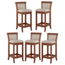 Ver imagem 1 de Kit 5 Banquetas Média Estofada Encosto Mônaco 36x90Cm Bancada Madeira Maciça Linho Bege M58 - RMI
