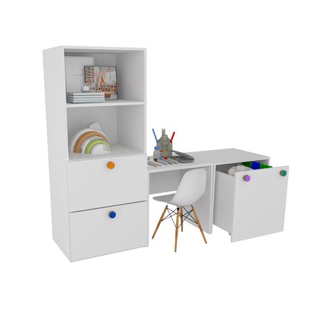 Armário Montessoriano Gaveteiro + Mesa + Baú Rubi 100% Mdf + Eiffel Branca