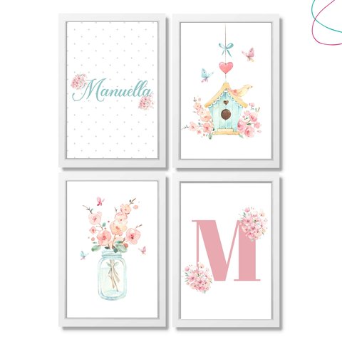 Quadro Decoração Quarto Menina Aquarela Flor com Vidro:branca