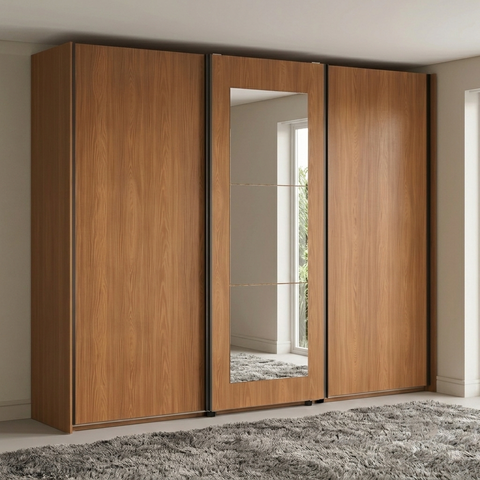 Guarda Roupa Casal com Espelho 3 Portas de Correr e 4 Gavetas 260cm Elegance Canela