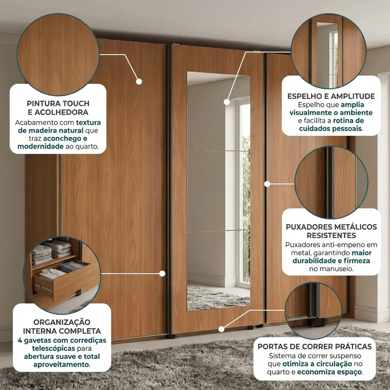 Ver imagem 5 de Guarda Roupa Casal com Espelho 3 Portas de Correr e 4 Gavetas 260cm Elegance Canela
