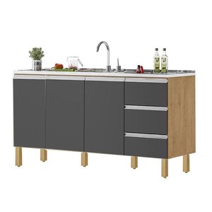 Balcão Recife 1,60 Mt - 3 Gavetas 3 Portas Amêndoa Grafite