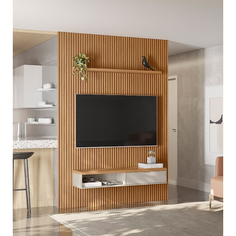 Painel Home Ripado Para TV Até 75 Polegadas 1.8 Com Nicho e Prateleira Nature Off White Linea Brasil